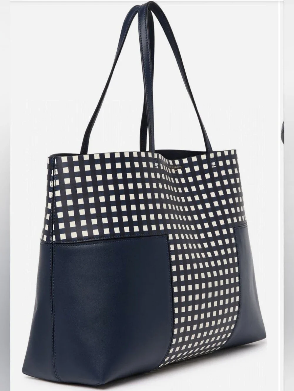 Tory Burch Navy and White Checkered Leather Tote / Pouch Not Available.